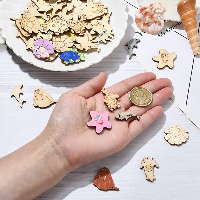 200 pcs Mixed Styles Ocean Animal Theme Undyed Wood Cutout Charms Octopus - Image 4
