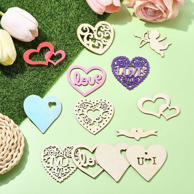 45 pcs Mixed Styles Heart Theme Unfinished Wood Cutout Charms Love Sweet Wood - Image 5