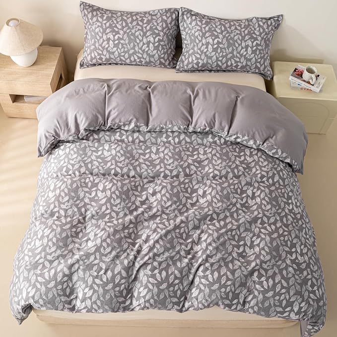 OAITE Grey Fallen Leaves Queen Size Duvet Cover-3 Pieces Prewashed Cotton-Like - Image 6