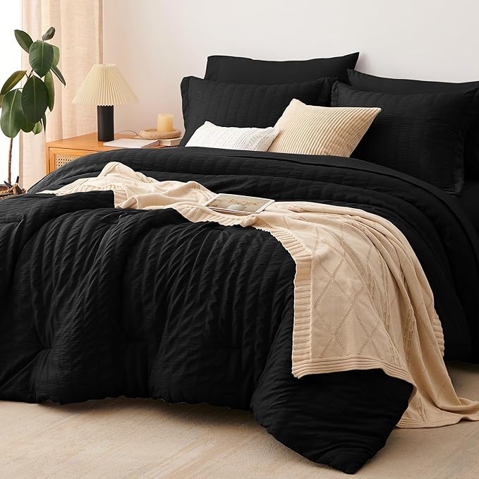 CozyLux King Size Comforter Set Black Seersucker 7 Pieces Bed in a Bag King by CozyLux