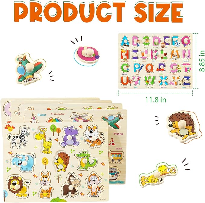 Wooden Peg Puzzles for Toddlers, 6 Pack Toddler Puzzles Set for 3 4 5 Years Old - Image 4