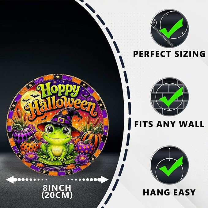 Cute Frog Witch Halloween Metal Tin Sign Round Wall Decor Pumpkin Lotus Moon - Image 2