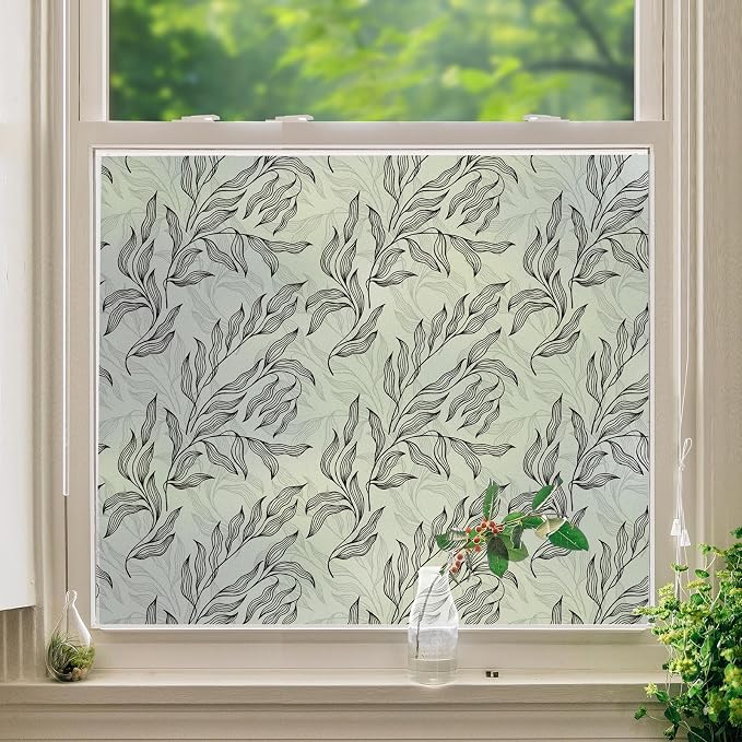 DKTIE Retro Leaves Pattern Two Way Window Film Privacy Day and Night Window by Dktie