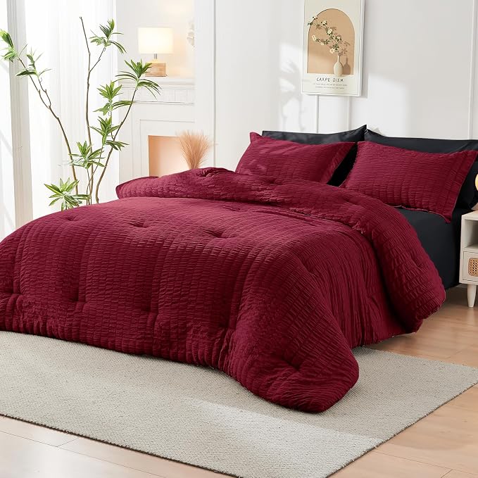 HYMOKEGE Red & Black Twin Comforter Set Seersucker 5 Pieces, All Season Luxury - Image 9
