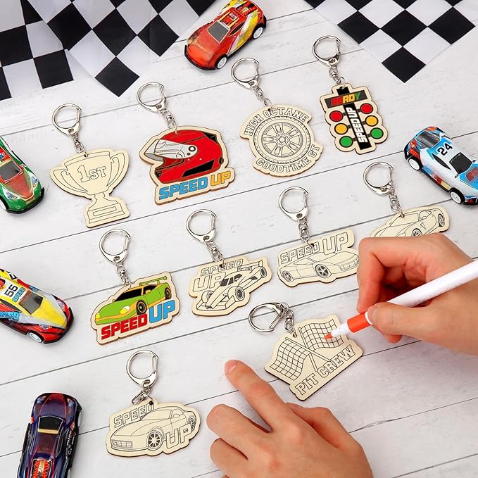 RattanView 24 Pcs Race Car Craft Color Your Own Keychains Diy Craft Wooden - Image 4