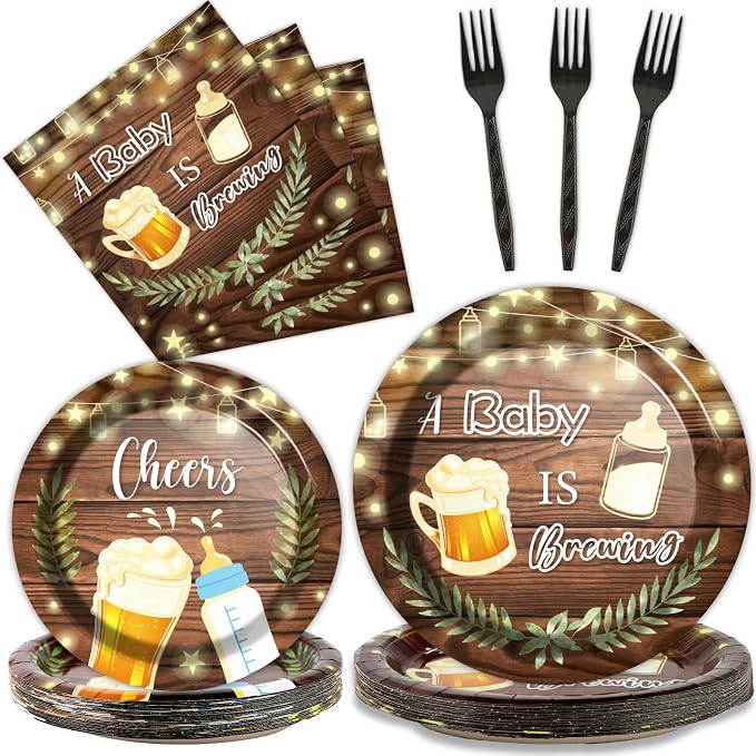 96Pcs A Baby is Brewing Baby Shower Party Supplies Set Plates Napkins Tableware by partygreeting
