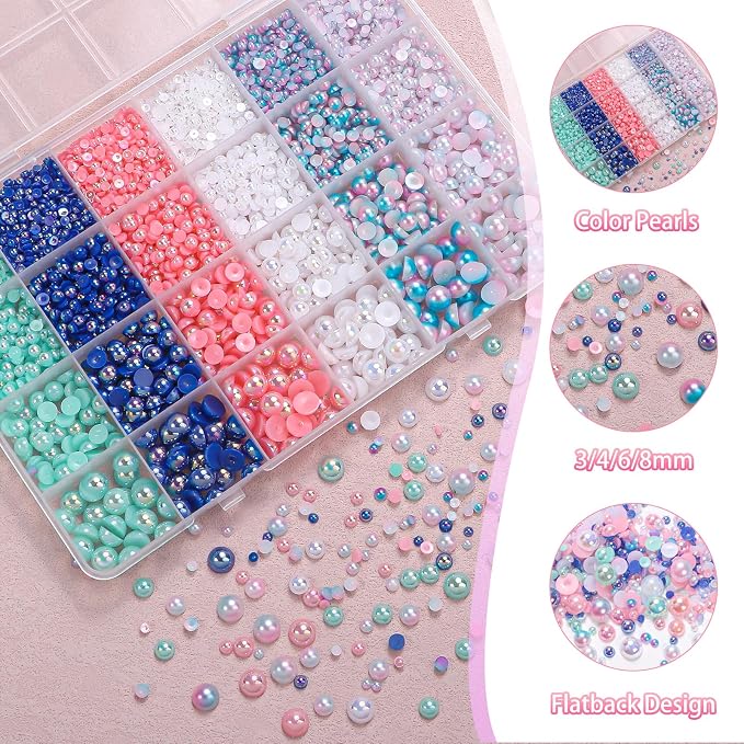 9000Pcs Blue Mermaid White Pink Flatback Pearls - Image 3