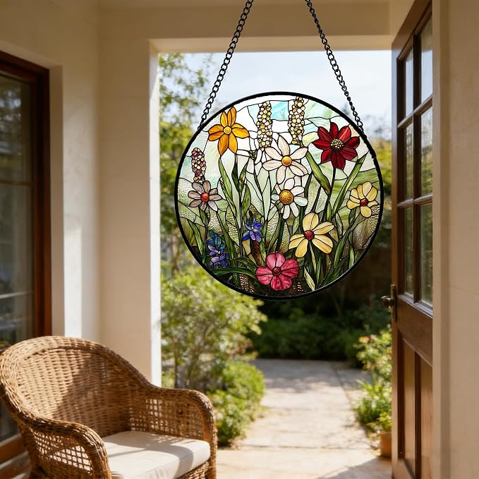 DASTOLL Stained Glass Window Hanging, Colorful Wildflowers Plant Scenery - Image 6