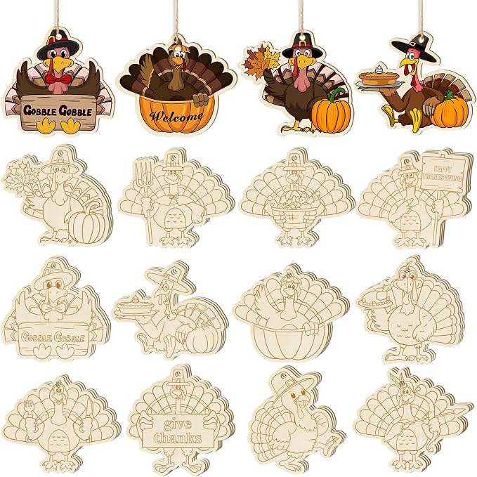 36PCS Wooden Thanksgiving Decoration Turkey Ornaments to Paint Thanksgiving by Sophena