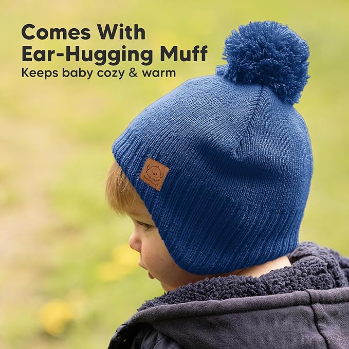 Baby Beanies, Baby Hats for Boys, Girls - Cute Toddler Winter Hat, Soft & Stretchy Beanies for Infant, Newborn 6-36 months, Cozy & Warm with Earflap Muff & Pom (Cobalt)