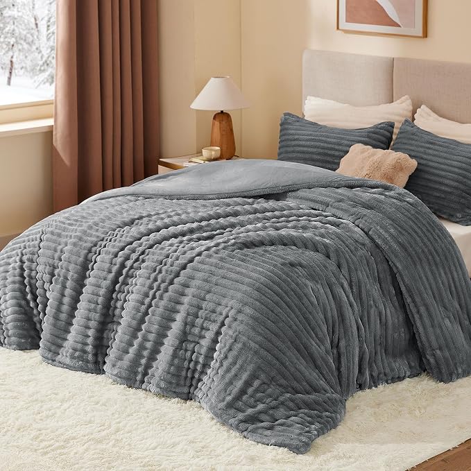 BEDELITE Fleece Queen Comforter Set -Super Soft & Warm Fluffy Grey Bedding - Image 2