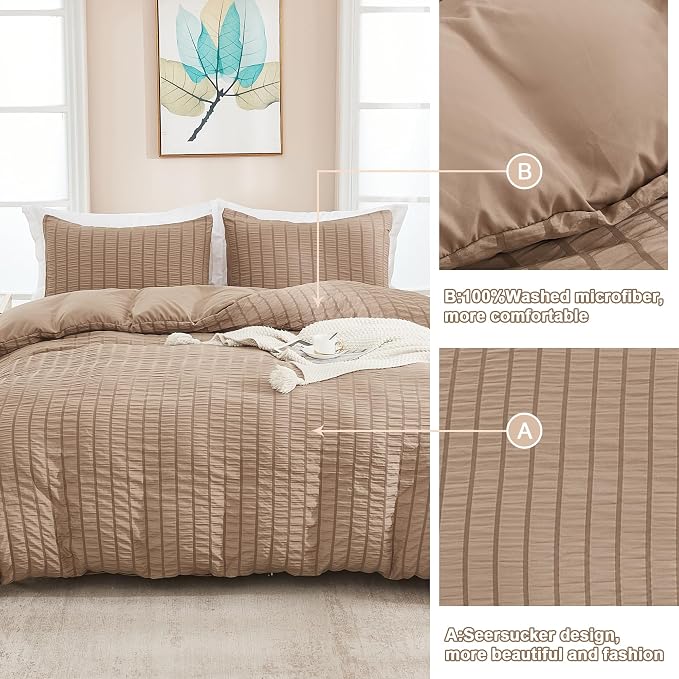 AveLom Taupe Duvet Cover Full, 3 Pieces, Seersucker Tripe Soft Washed - Image 5