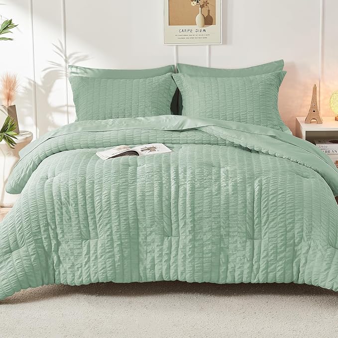 HYMOKEGE Sage Green King Size Comforter Set Seersucker 7 Pieces, All Season - Image 9
