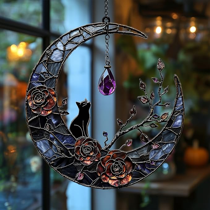 Crescent Moon Cat Acrylic Suncatcher by Unknown