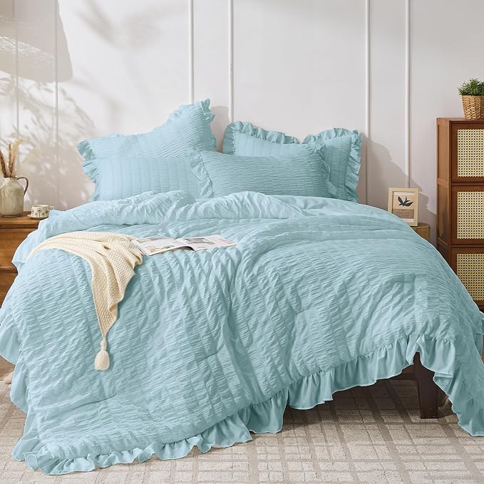 JOLLYVOGUE Blue Twin Size Comforter Set, 2 Pieces Seersucker Lightweight Fluffy by JOLLYVOGUE