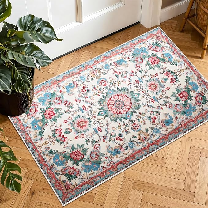 Vintage Floral Faux Cashmere Non-Slip Rug 15.7x23.6 Inches, Soft Washable by KKYEJLQYI