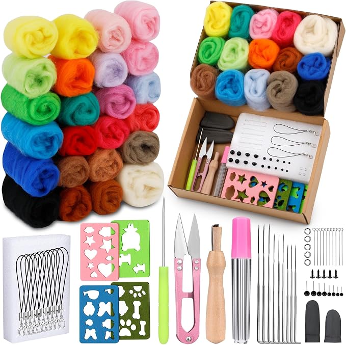 Yizzvb Needle Felting Kit, Wool Roving 24 Colors Set, Needle Wool Felting Tools by yizzvb