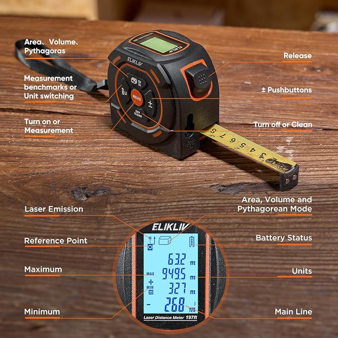 Laser Tape Measure 2-in-1, 197Ft Laser & 16Ft Digital Tape Measure | LCD Display - Image 5