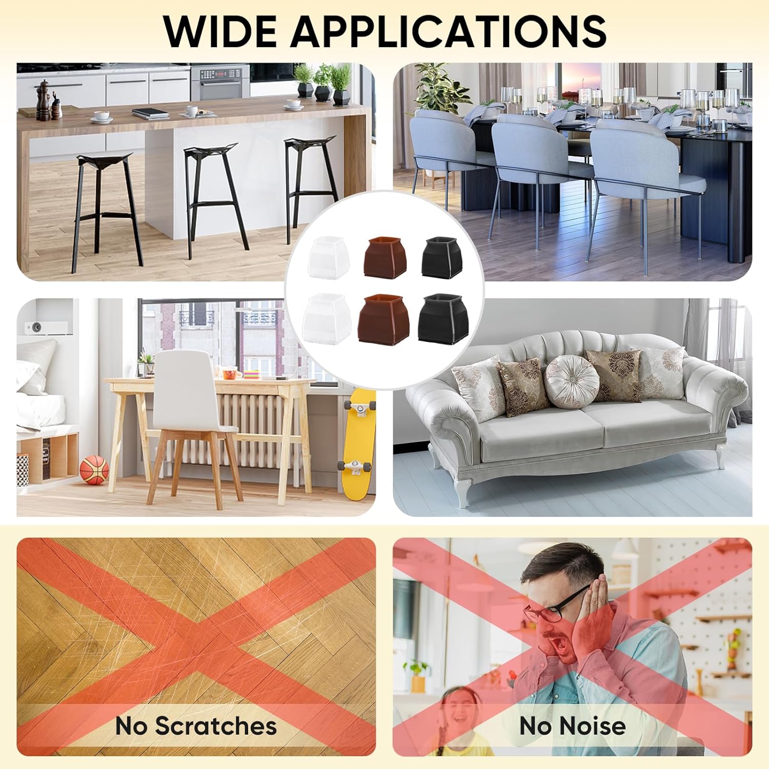 BALEINE 16 Pack Silicone Chair Leg Floor Protectors, Stool Leg Protectors Cap, Non-Slip Chair Leg Caps for Hardwood Floors (Brown & Small (Square), 16 Pack)