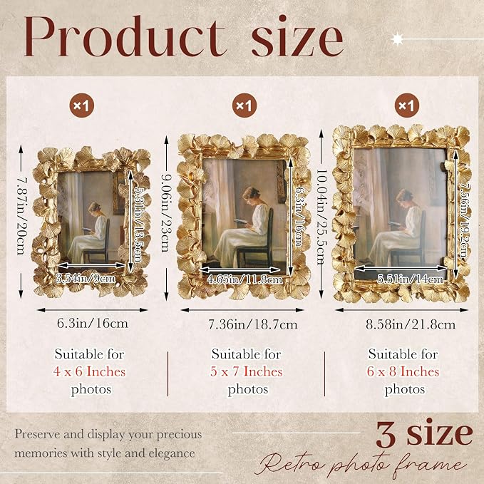 Wonderjune 3 Pcs Vintage Picture Frames Antique Set Baroque Ornate Gold Arched - Image 2