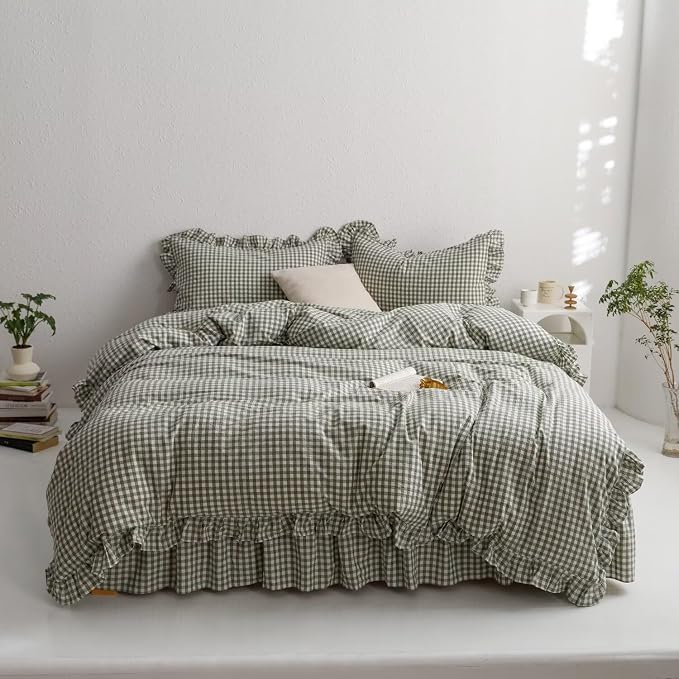 MKXI Sage Green Gingham Duvet Cover Twin XL, 3-Piece Ruffled Bedding Set - Image 4