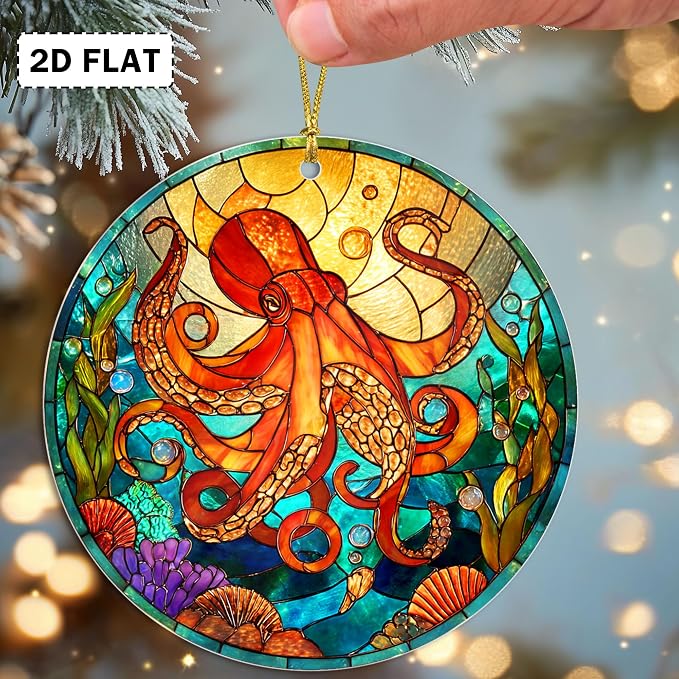 Faux Stained Glass Octopus Acrylic Hanging Ornament, Octopus Christmas Tree - Image 3