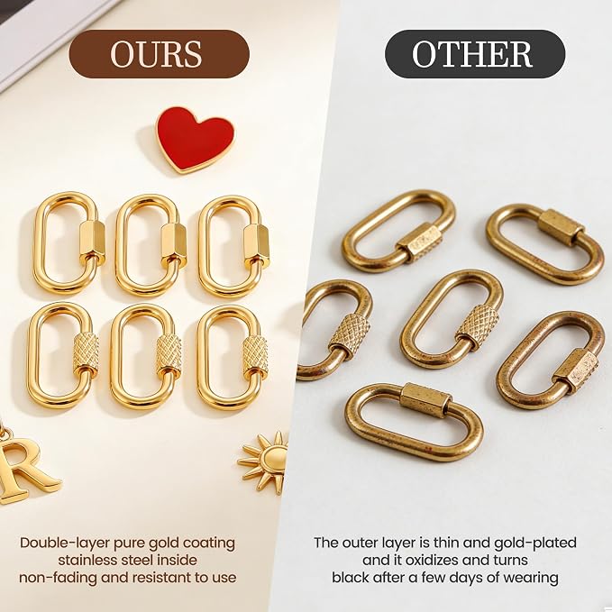 Stainless Steel Screw Lock Charms Carabiner Bracelet, 18K Gold Plated, 10 Pieces - Image 5