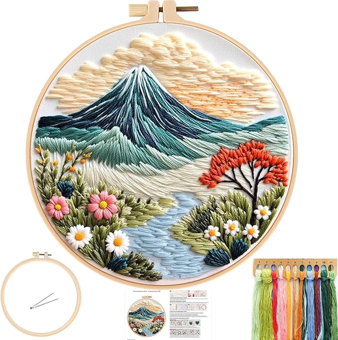 FONNUY Embroidery Kit for Beginners, Flower Hill Nature Landscape Pre-Stamped by FONNUY