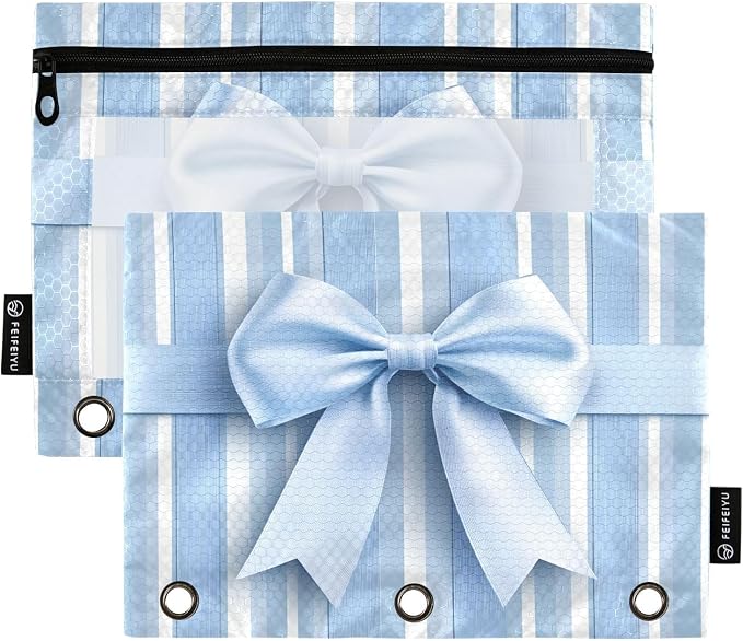 Blue Striped Bow Pencil Pouch for 3 Ring Binder, 2 Pack Waterproof Pencil Bags by BOENLE-WELCOMEYOURCOMING