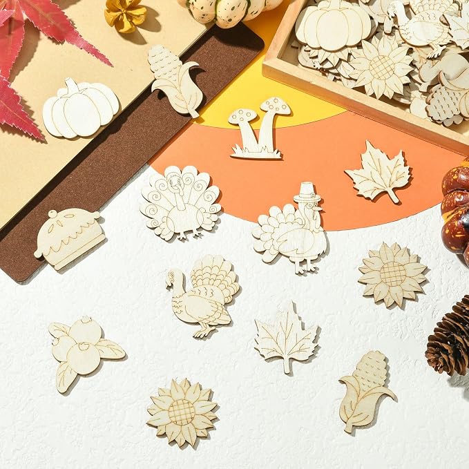 100 pcs Mixed Styles Thanksgiving Theme Unfinished Wooden Cutout Charms Pumpkin - Image 5