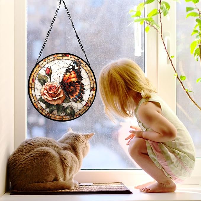 DASTOLL Stained Glass Window Hanging, Butterfly Picking Flowers Suncatcher - Image 2