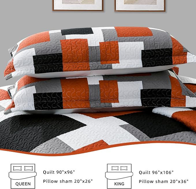 Tyrot 3 Piece Orange Grey Quilt Set Full/Queen Size Black White Gray Geometric - Image 7