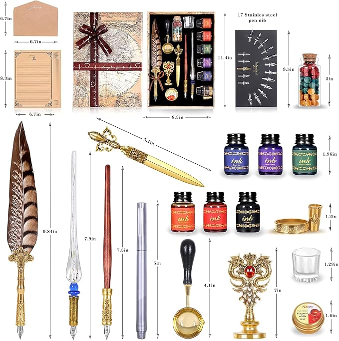 NC Quill Pen Ink Set, includes quill pen, wooden And glass dip pen, 6 bottles - Image 2