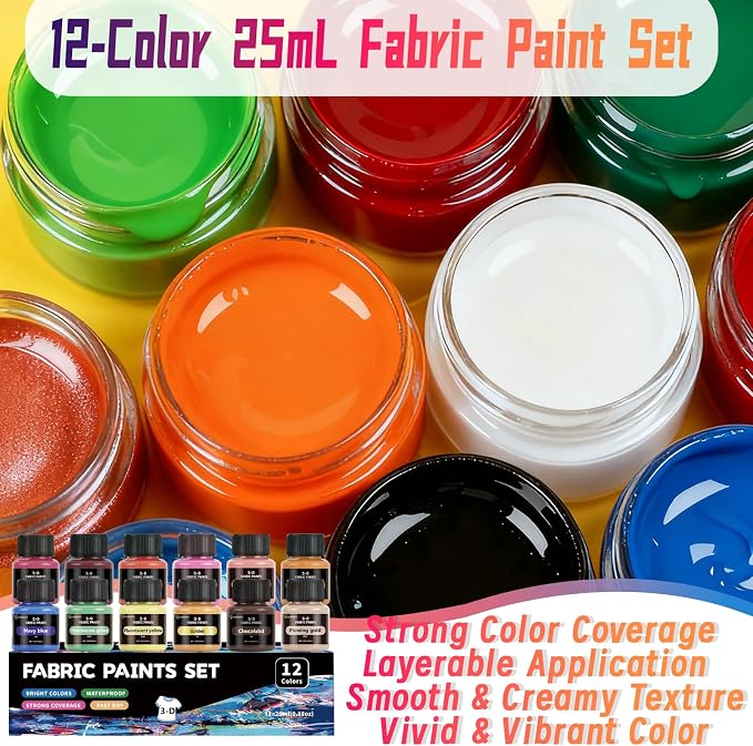 Fabric Paint Set, Pearlescent 12 Vibrant Colors Permanent Textile Paint - Image 8