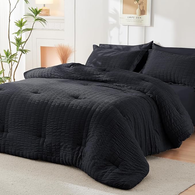 HYMOKEGE Black California King Comforter Set Seersucker 7 Pieces, All Season - Image 8