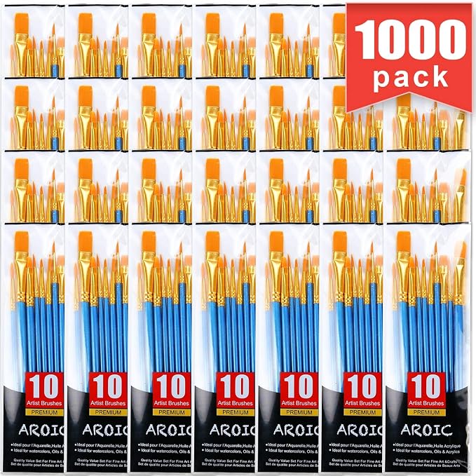 Acrylic Paint Brush Set, 100 Packs / 1000 pcs Nylon Hair Brushes by AROIC