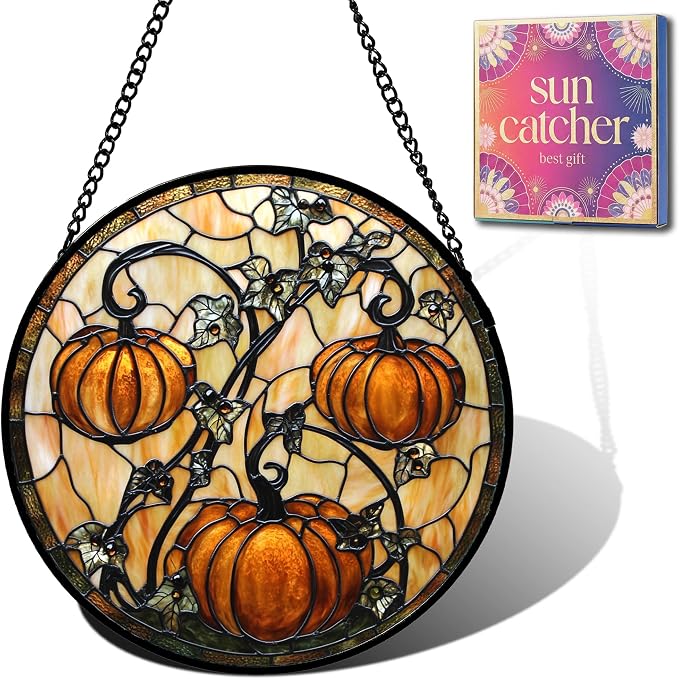 Orange Pumpkin Acrylic Suncatcher Faux Stained Glass Window Hanging 9.8" | by Unknown