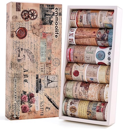 34 Rolls Vintage Washi Tape Set, Letter Map Stamp Stripe Literature Art by emmoolife
