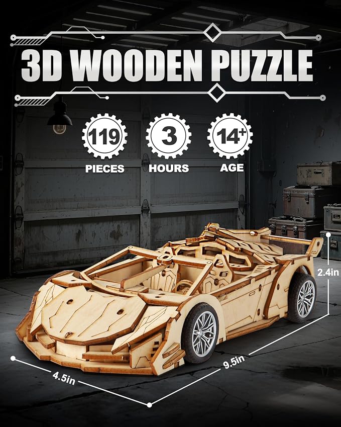 3D Wooden Puzzles for Adults Roadster, Mechanical Wood Sport Car Model Kits for - Image 2