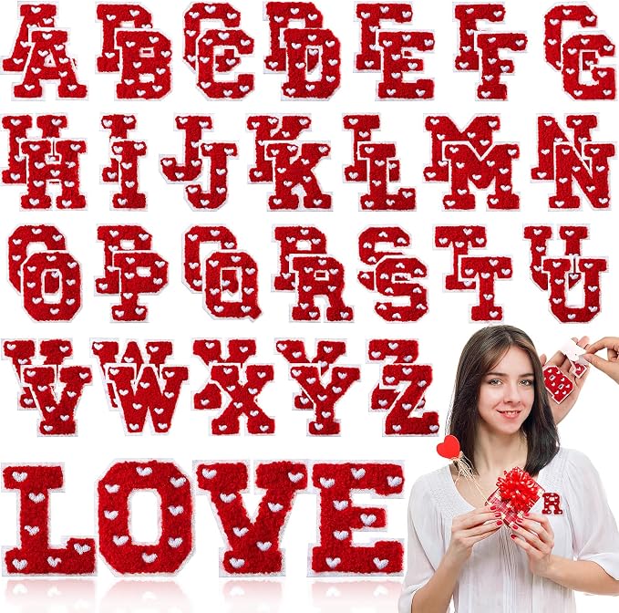 WILLBOND 52 Pcs Valentine's Day Heart Self Adhesive Chenille Letters Patches by Willbond+Technology+Limited