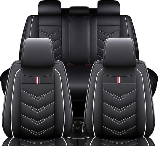 Leather Car Seat Covers Fit for LR LR4 2009-2016, 5 Seater Waterproof and Wear-Resistant Seat Cover Interior Accessories(Full Set,Black&White)