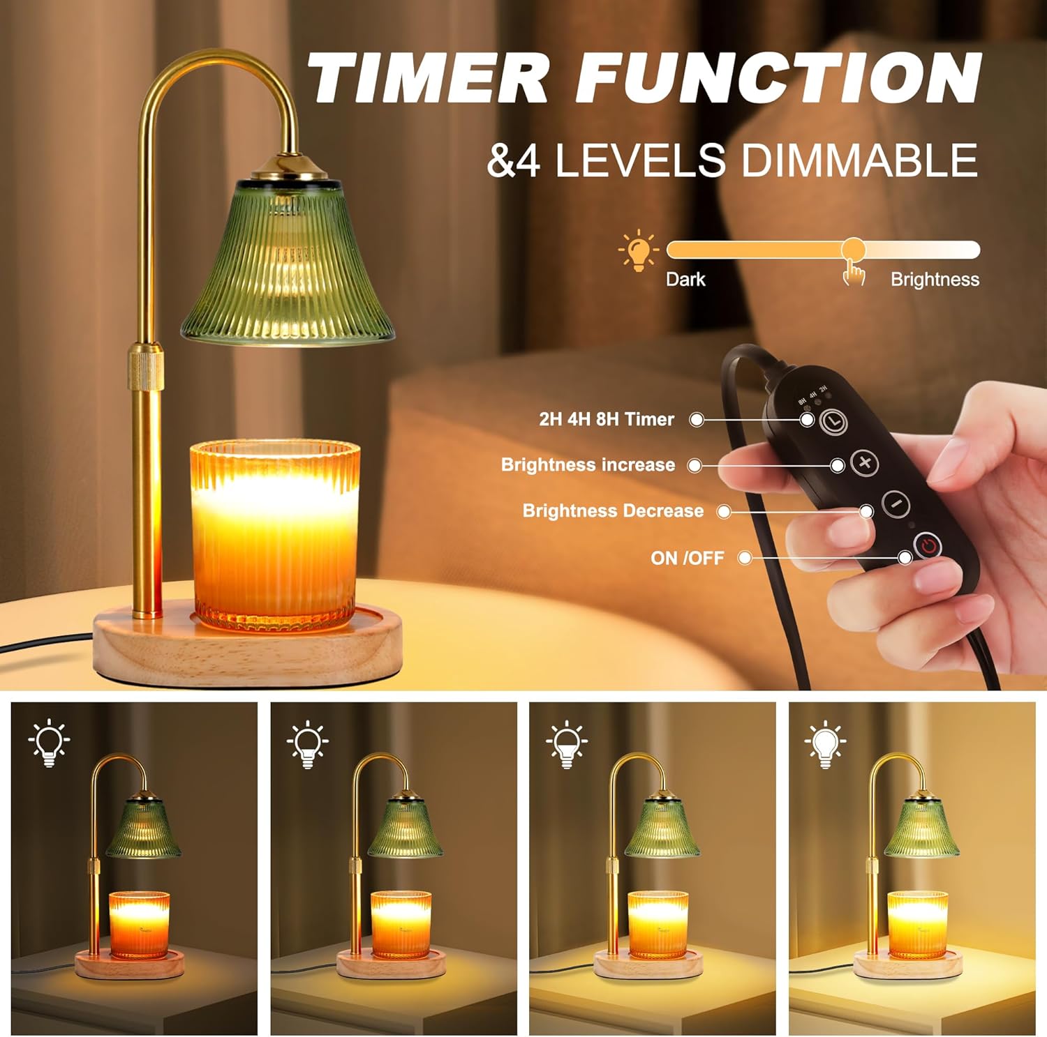 Candle Warmer Lamp, Height Adjustable Candle Warmer with Timer & Dimmer, Electric Candle Lamp with 2 50W Bulbs, Wax Melt Warmer for Scented Jar, Vintage Home Decor Glass Shade(Light Green)