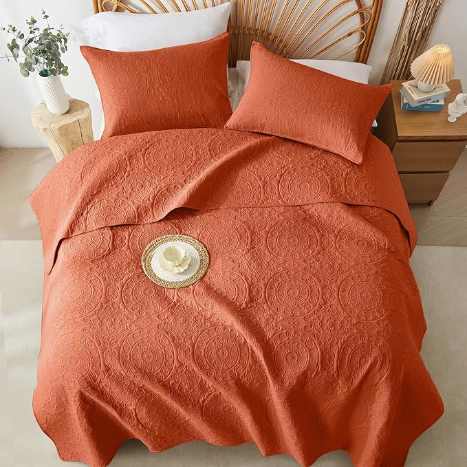 WURUIBO Burnt Orange Quilt Set Twin Size, Embossing Microfiber Bedspreads - Image 8