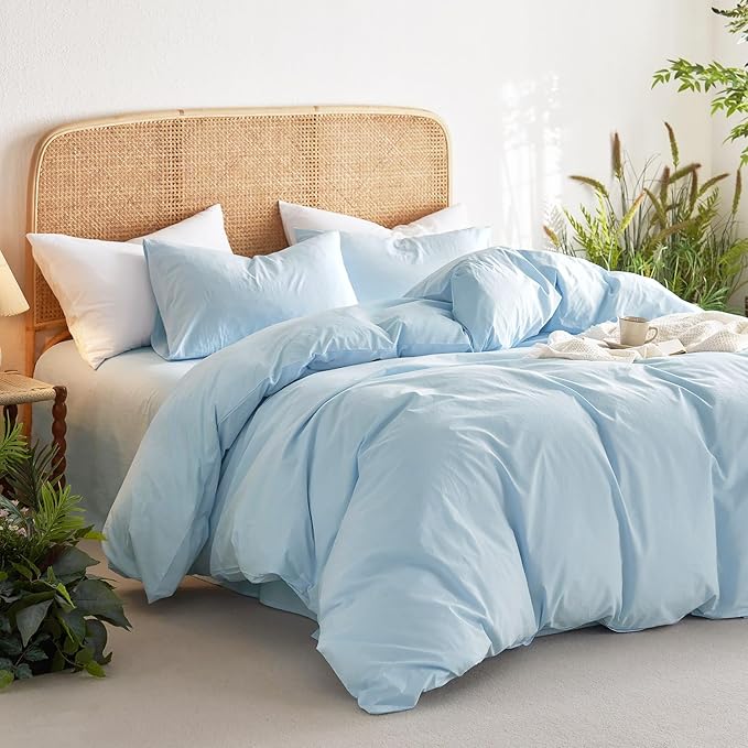 Wake In Cloud - Cotton Duvet Cover Set, Twin Size, Sky Blue, 100% Washed Cotton - Image 4