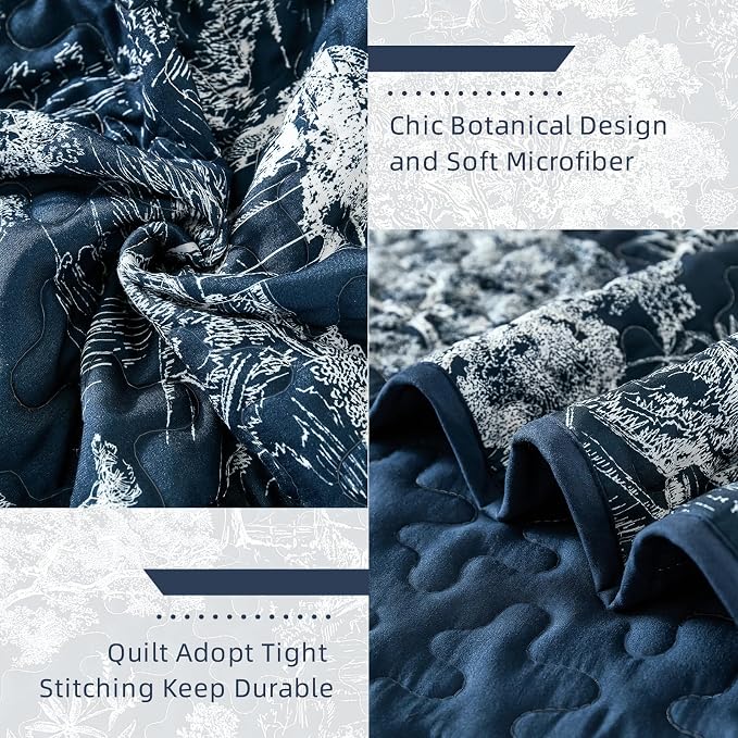 WONGS BEDDING Quilt Set Queen Size, 3 Pieces Navy Blue Floral Plants Printed - Image 4