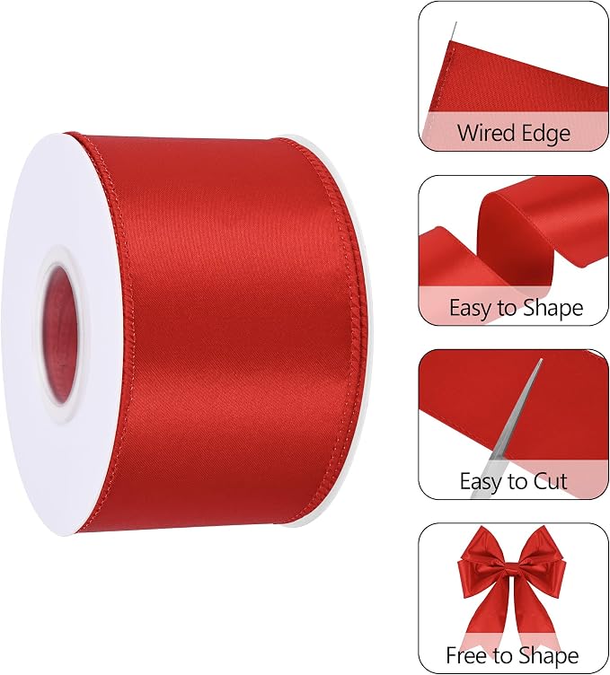 Red 2.5 Inch Continuous 25 Yards Satin Wired Ribbon - Image 3