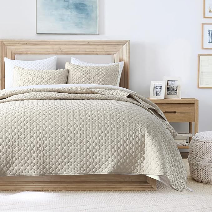 HORIMOTE HOME Quilt Set Twin Size Beige Bedspread, Modern Style Quilted Clouds by HORIMOTEHOME