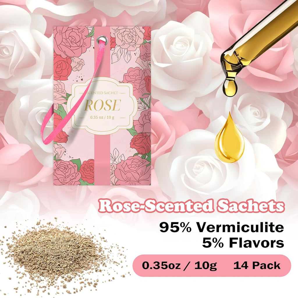 SCENTORINI Scented Sachets for Drawers and Closets, Rose Scent 14 Pack, Long-Lasting Sachets Bags Wardrobe Freshener, for Drawers, Closets, Cars