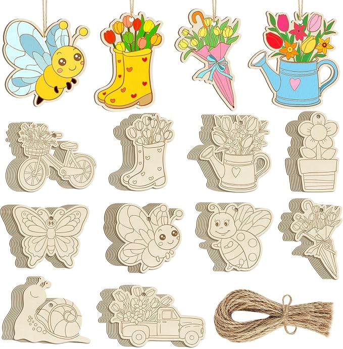 80PCS Wooden Spring Ornaments to Paint, 10 Styles DIY Blank Unfinished Wood by Sophena