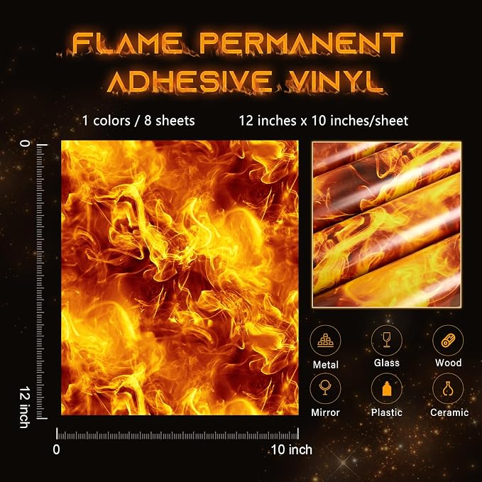 Tintnut Flame Pattern Permanent Vinyl 8 Pcs 12x10in Orange Adhesive Vinyl | - Image 2